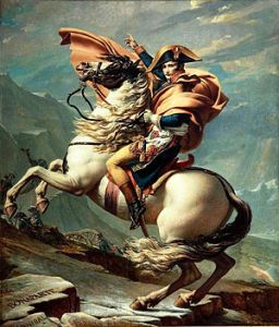 'Napoleon Crossing the Alps': note the comparison with Poldark - solitary man on horseback, though while Poldark traverses picturesque Britain, Napoleon ranges over the sublime mountains of the Alps